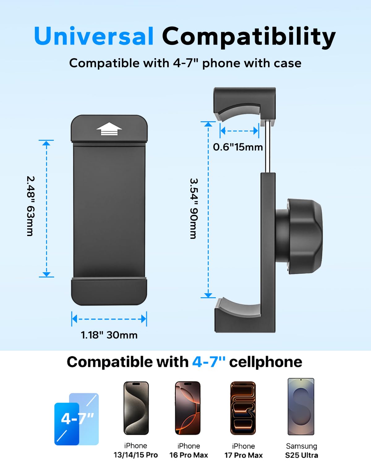 GDZN fits 4–7 inch devices including iPhone and Galaxy with cases