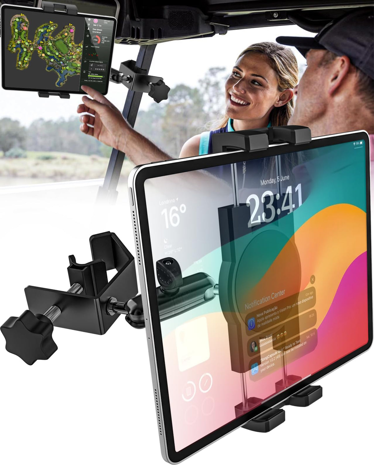 GDZN Golf Cart Tablet Holder with square clamp secures tablets on square frames during bumpy rides.