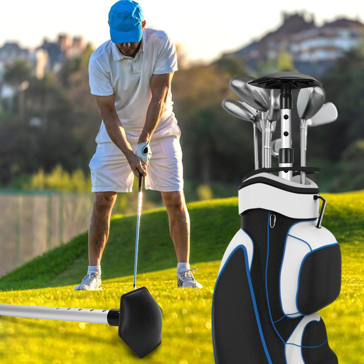 GearRoot portable protection for golf clubs in travel bag with wheels.