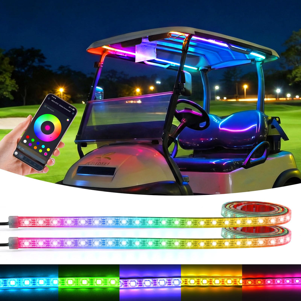 GEARZONE golf cart canopy light assembly delivers vibrant RGB effects for night visibility.