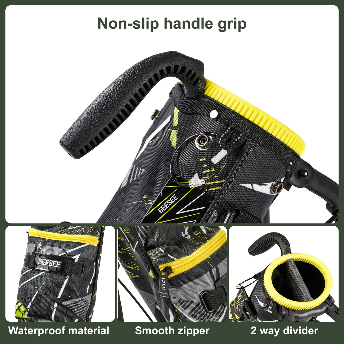 Geesee front pocket keeps golf accessories within quick reach during play.