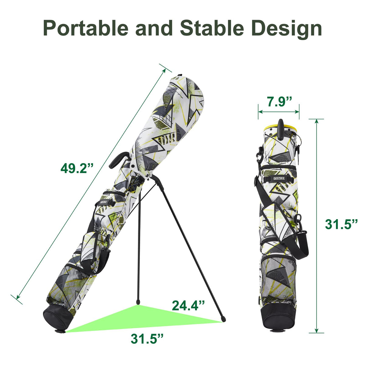 Geesee stand bag with multiple pockets keeps accessories organized during practice.