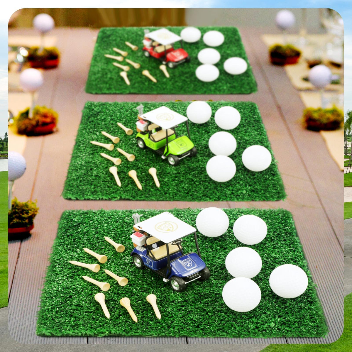 Gemscream artificial grass squares enhance party setup with green texture