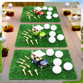 Gemscream artificial grass squares enhance party setup with green texture