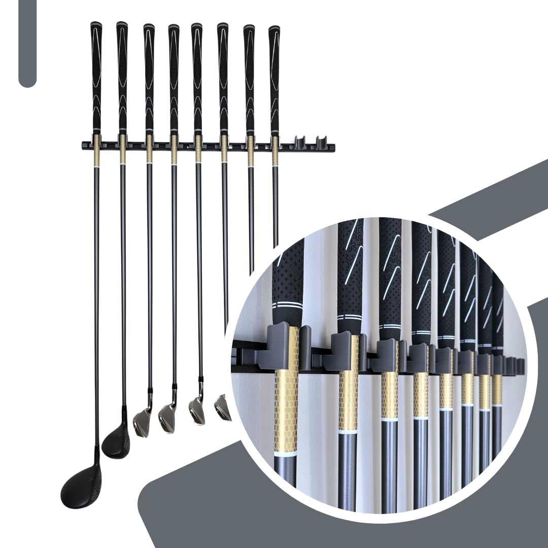 Generic 11-club holders on a 24-inch track organize clubs and keep them accessible.