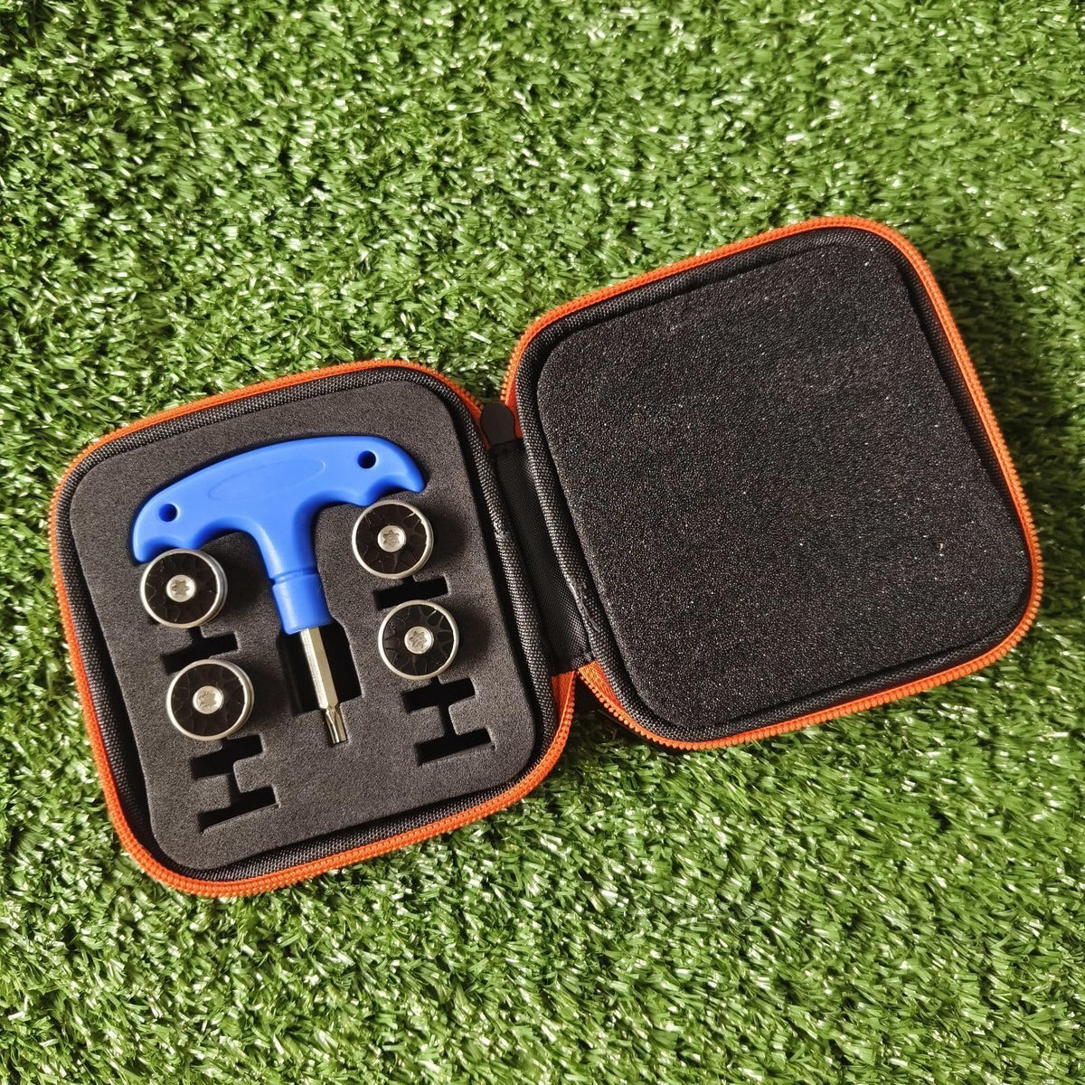 Generic 4-piece black golf weights kit with wrench and case for easy tuning.