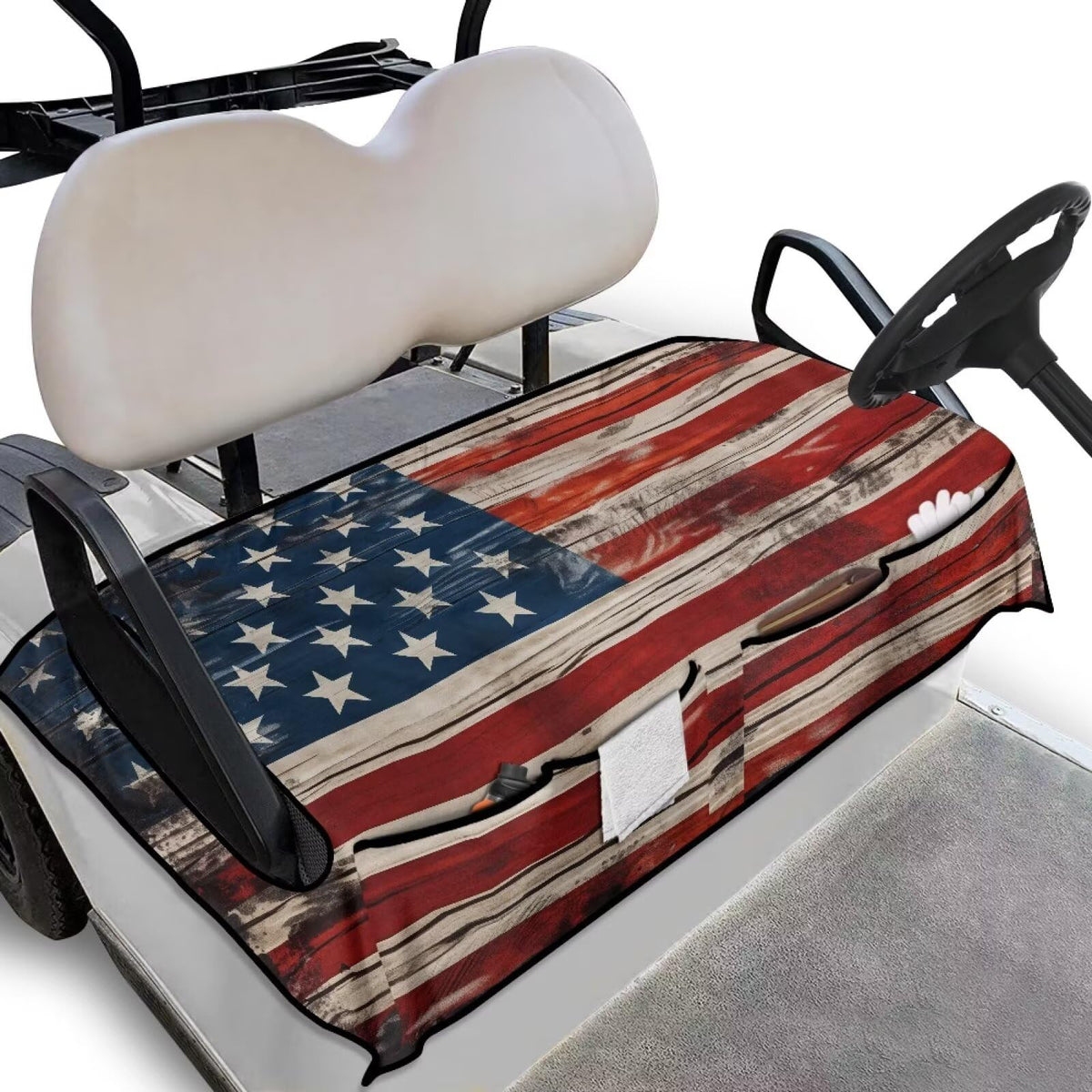 Generic American Flag golf cart seat cover front view with four pockets for storage