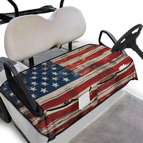 Generic American Flag golf cart seat cover front view with four pockets for storage