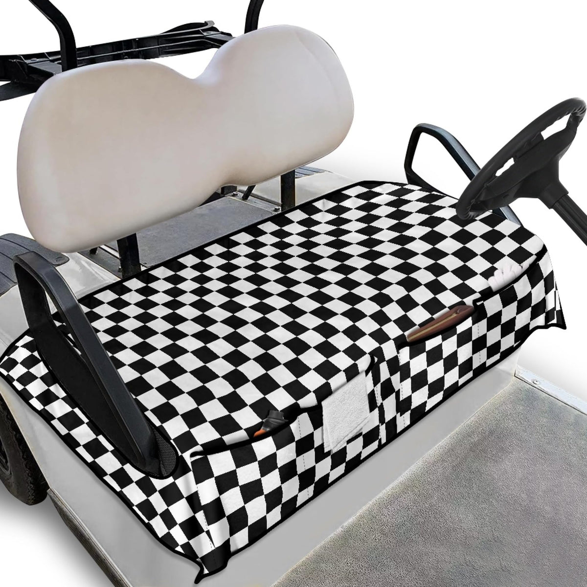 Generic black and white checkered golf cart seat cover seen from front view, protects seats.