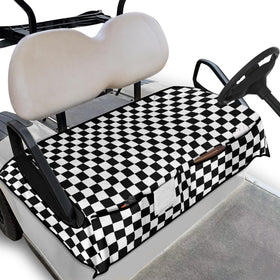 Generic black and white checkered golf cart seat cover seen from front view, protects seats.