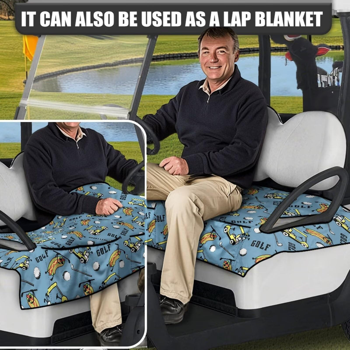 Generic Blue golf cart seat cover machine washable and fade resistant.