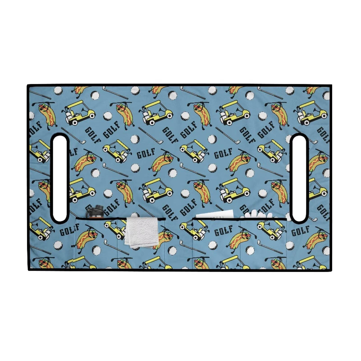 Generic Blue golf cart seat cover pockets provide room for towels and sunglasses.