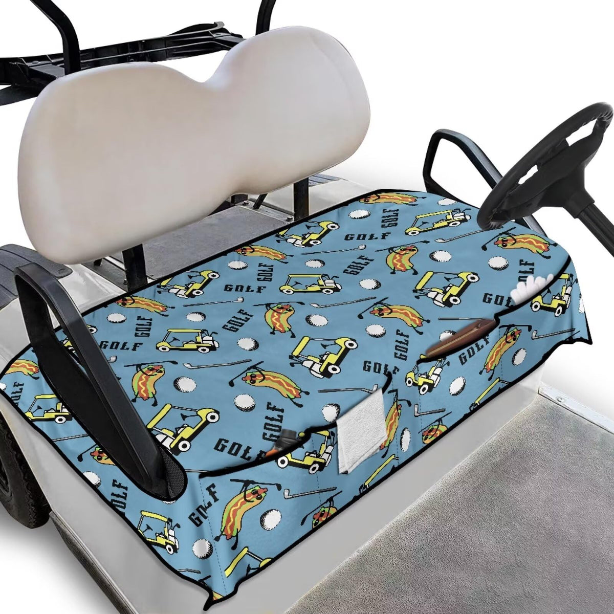 Generic Blue golf cart seat covers front view showing universal fit and protection.