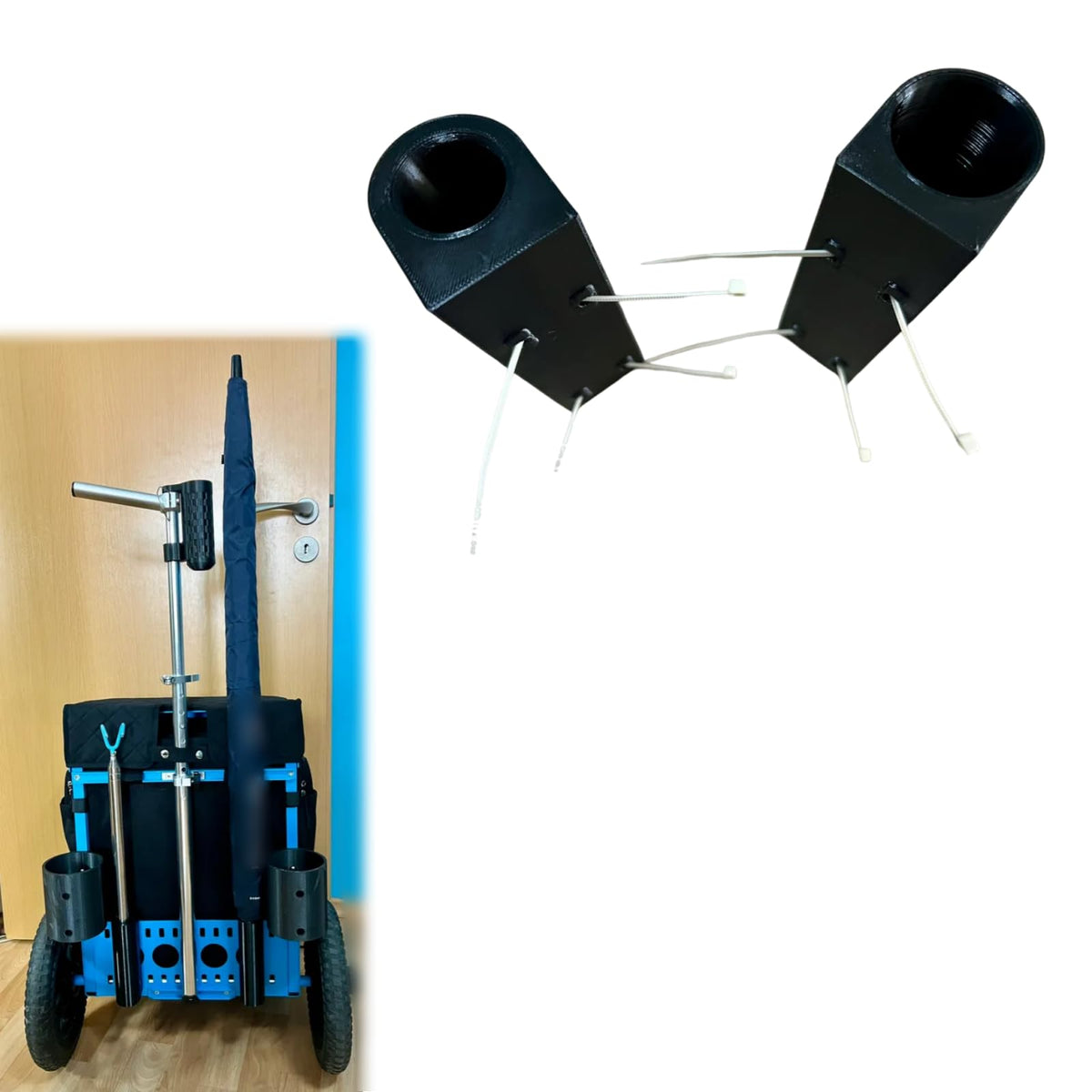 Generic cart umbrella and retriever holder on a Zuca LG cart for easy gear access