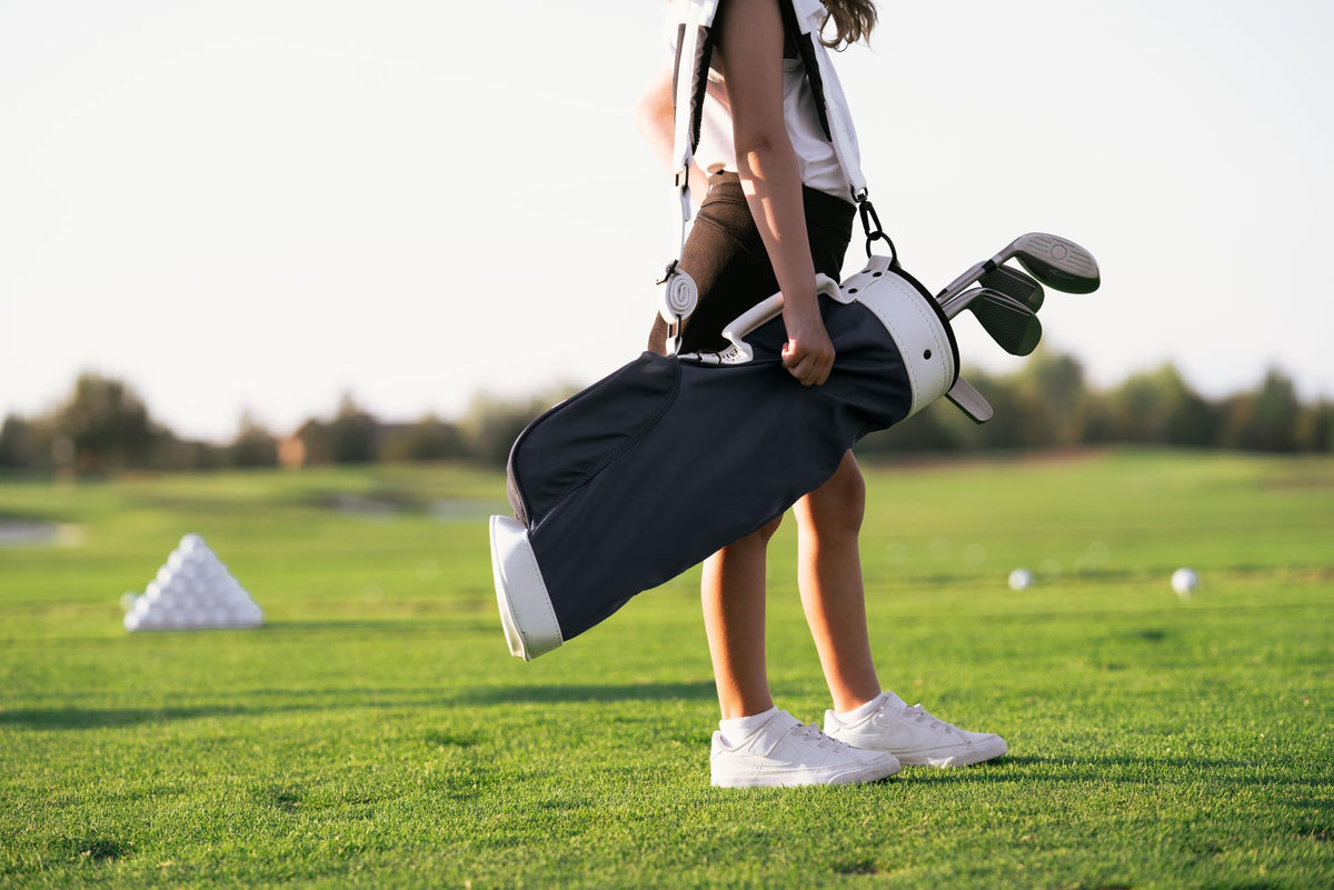 Generic blue children's golf bag with wipe-clean surface for simple after-practice cleaning.