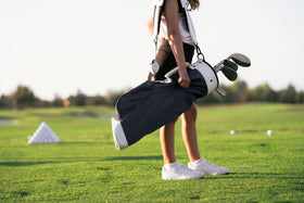 Generic blue children's golf bag with wipe-clean surface for simple after-practice cleaning.