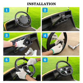 Overview image showing the Club Car Precedent steering wheel upgrade path with the adapter.