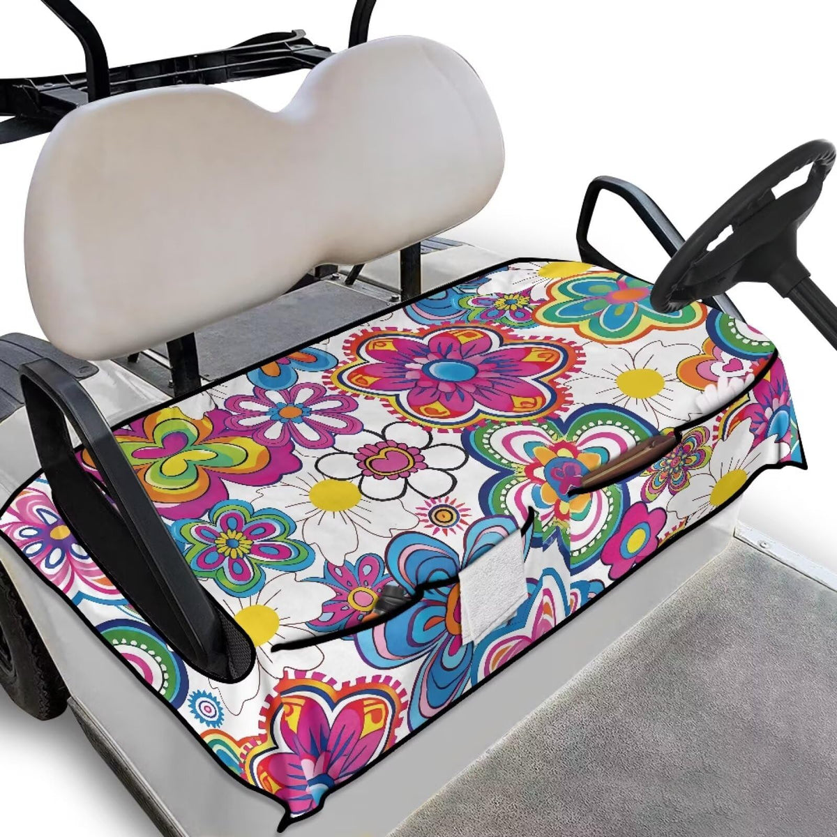 Generic Colorful Flower golf cart seat cover front view demonstrates universal fit and cushioned comfort.