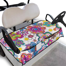 Generic Colorful Flower golf cart seat cover front view demonstrates universal fit and cushioned comfort.