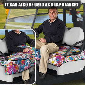 Generic Colorful Flower seat cover installation guide illustrates easy fit over armrests.
