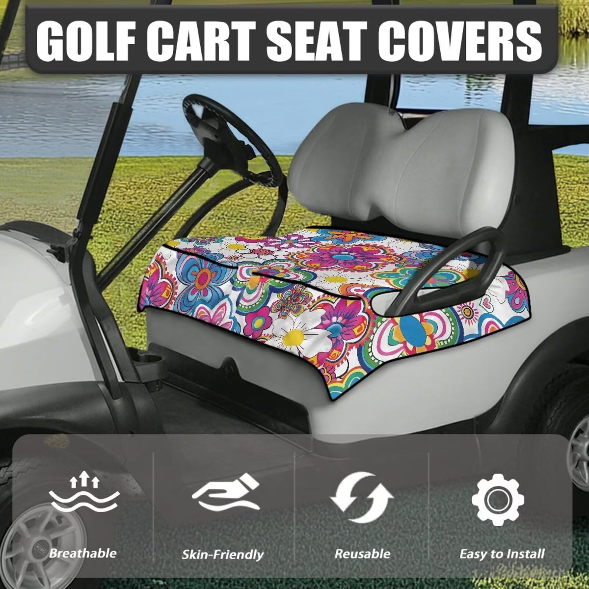 Generic Colorful Flower seat cover pockets detail shows item storage for phone, sunglasses, and gloves.