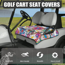 Generic Colorful Flower seat cover pockets detail shows item storage for phone, sunglasses, and gloves.