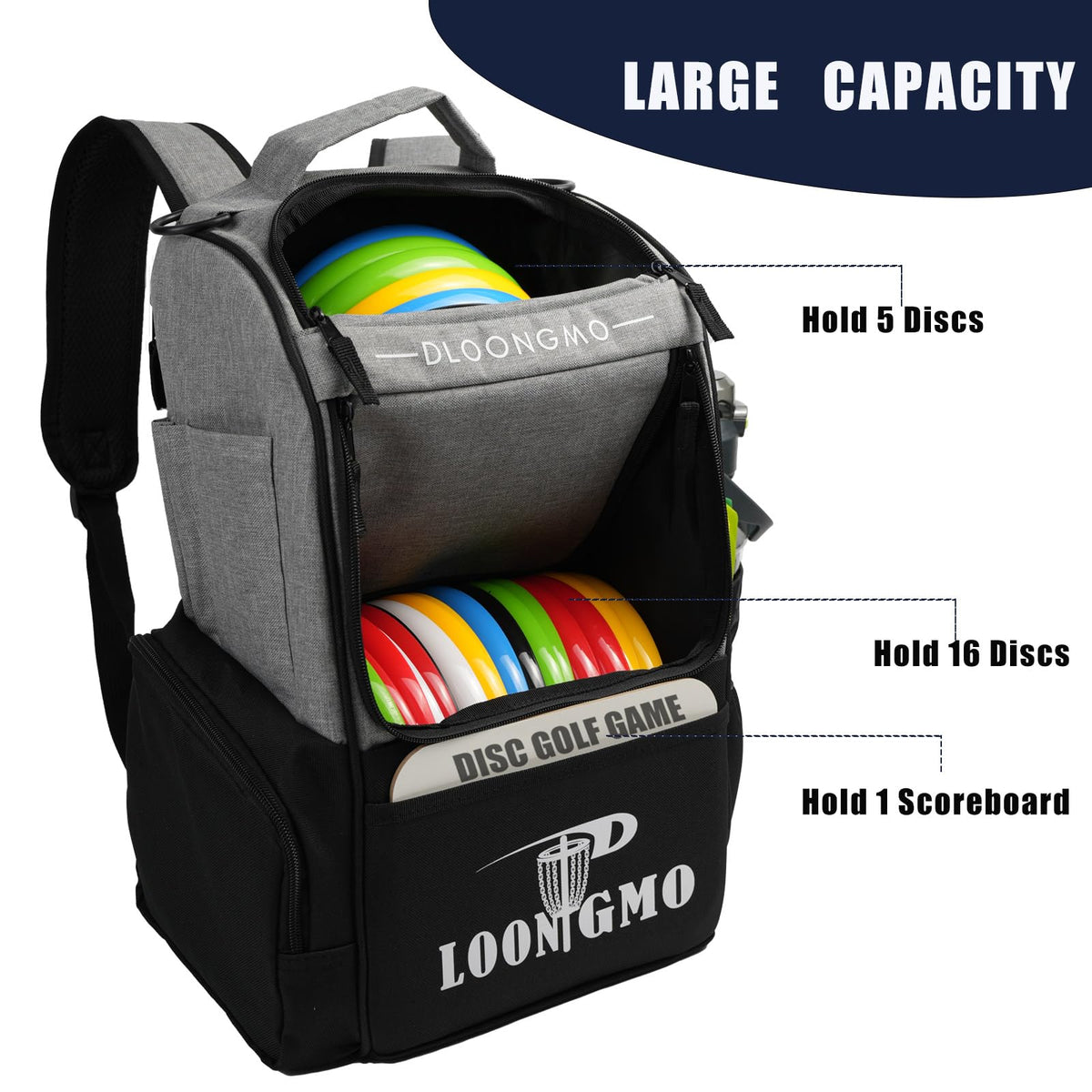 Generic bag main compartment holds 18+ discs for easy access.