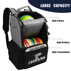 Generic bag main compartment holds 18+ discs for easy access.