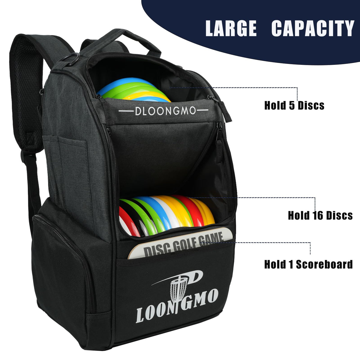 Generic Disc Golf Bag main compartment holds 16+ discs for ample on-course gear.