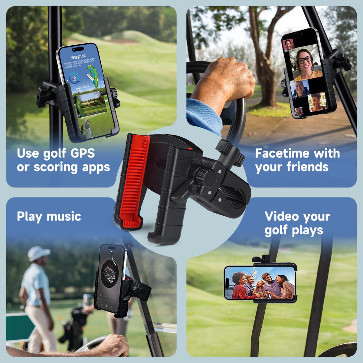 Generic Easy Golf Cart Phone Holder 360-degree rotation for landscape or portrait use.