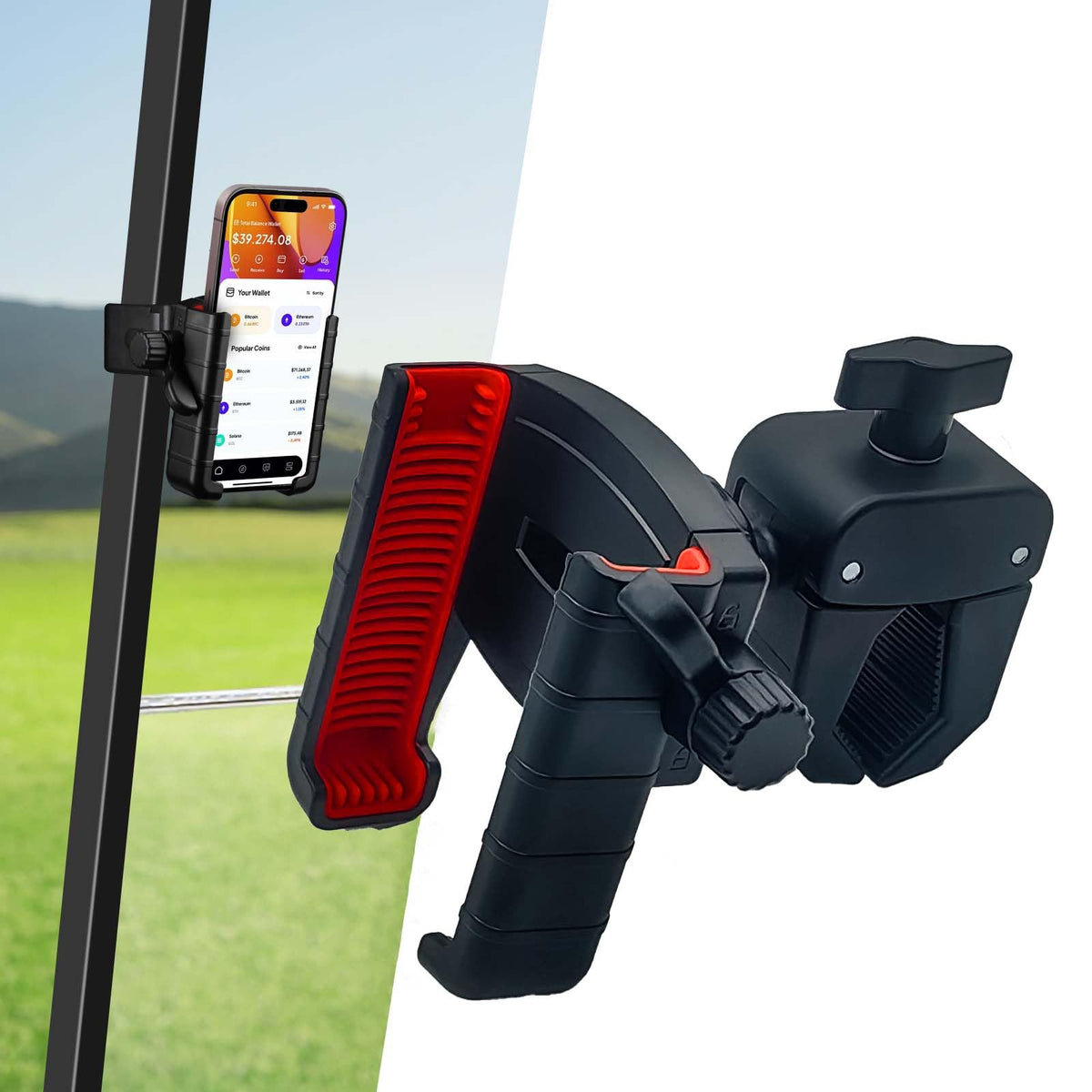 Generic Easy Golf Cart Phone Holder mounted on handlebars for secure GPS access.