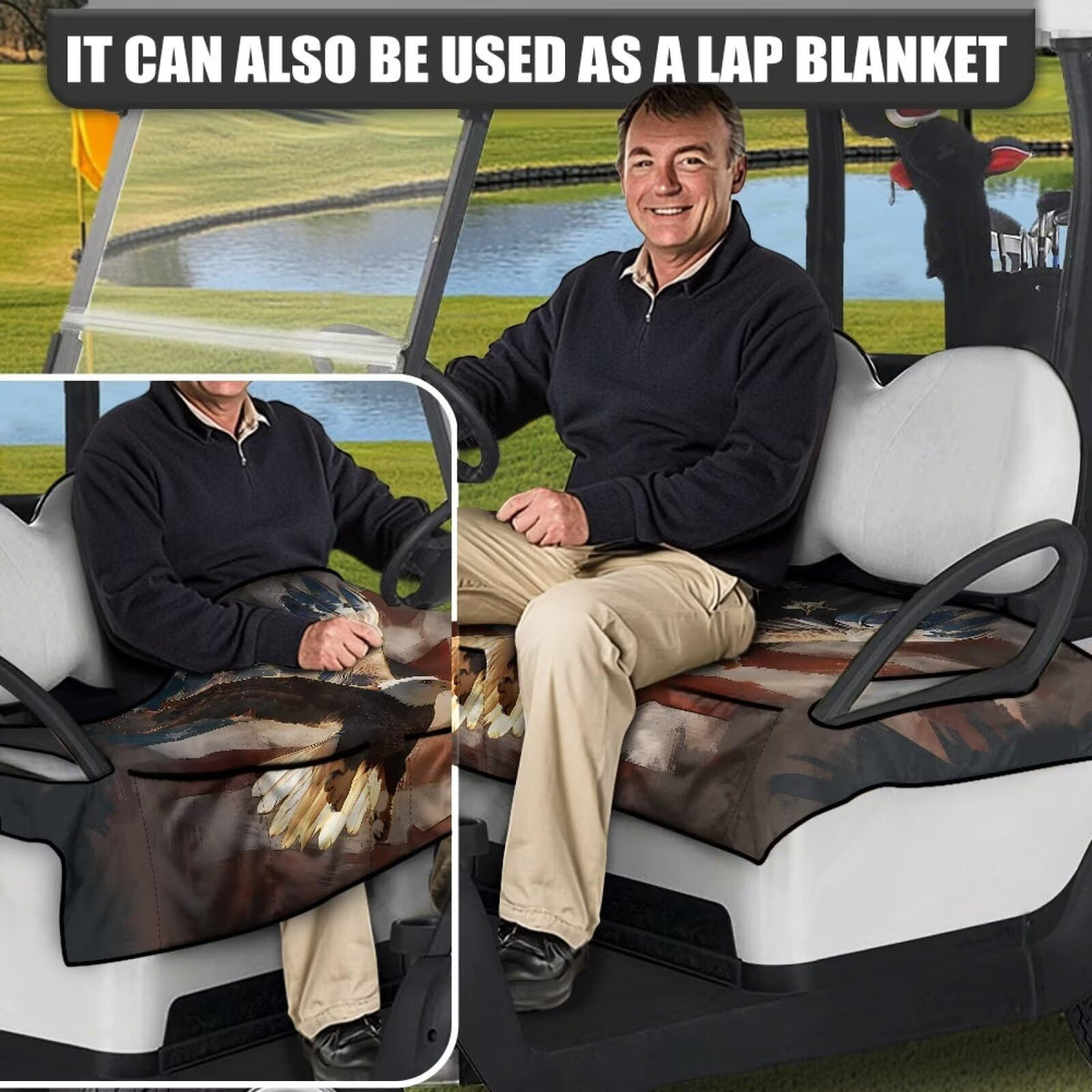 Generic easy-install golf cart seat cover is machine washable for quick cleaning.