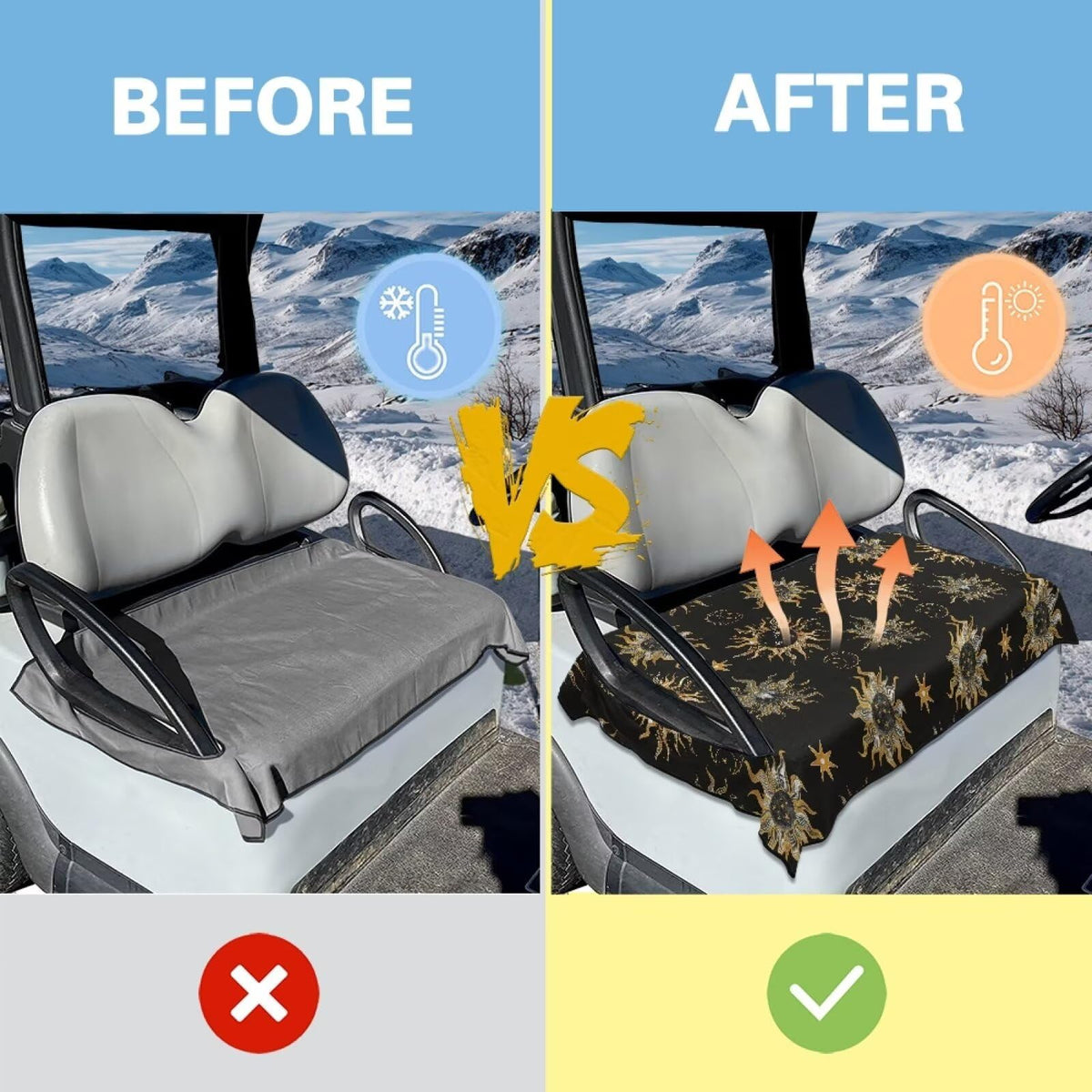 Generic Golden Winter seat cover fits two-seat carts with size 52.36 x 32.28 inches.