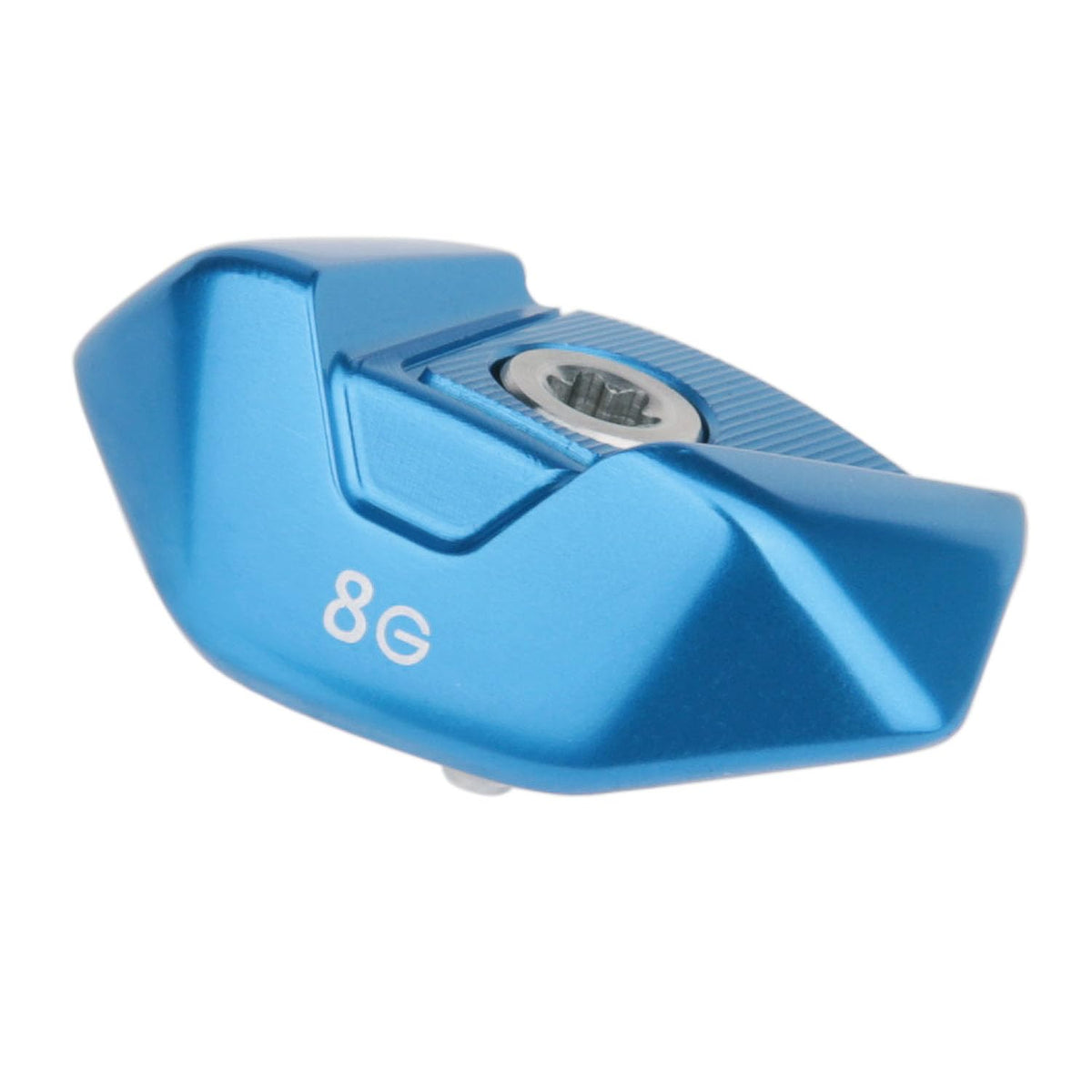 Close-up of blue 8g weight showing compact design for easy right-handed fit.