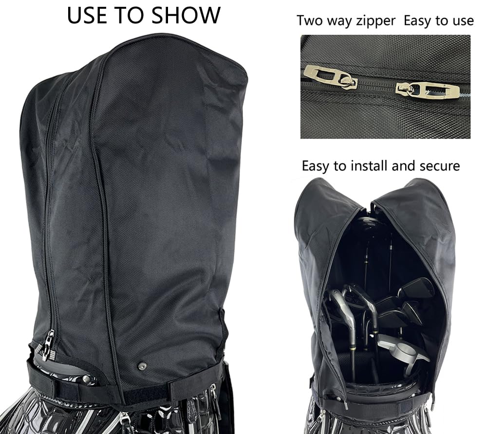 Generic golf bag cover folded for compact storage beside a golf bag.
