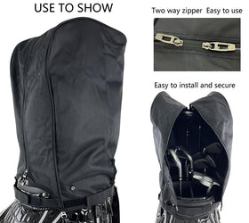 Generic golf bag cover folded for compact storage beside a golf bag.