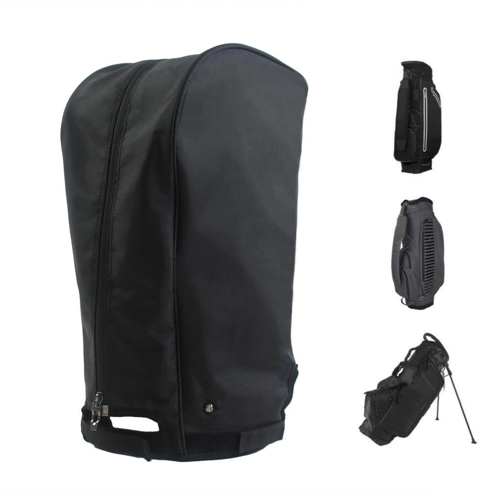 Generic golf bag cover top view demonstrates secure 8-9 inch fit protecting clubs.