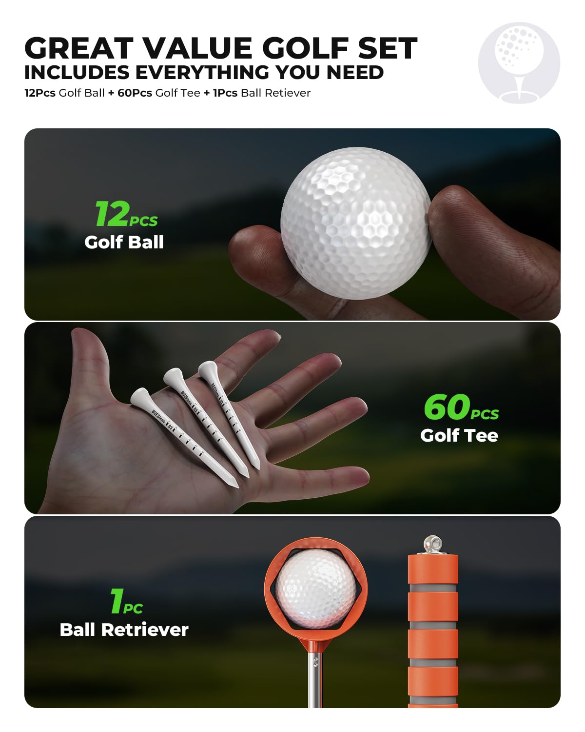 Generic Golf bundle fits home, yard, or driving range training sessions.