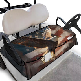Generic golf cart seat cover with American flag eagle print protects seats on Club Car and adds flair.