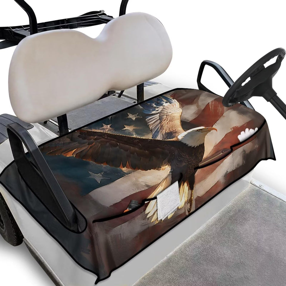 Generic golf cart seat cover with American flag eagle print protects seats on Club Car and adds flair.