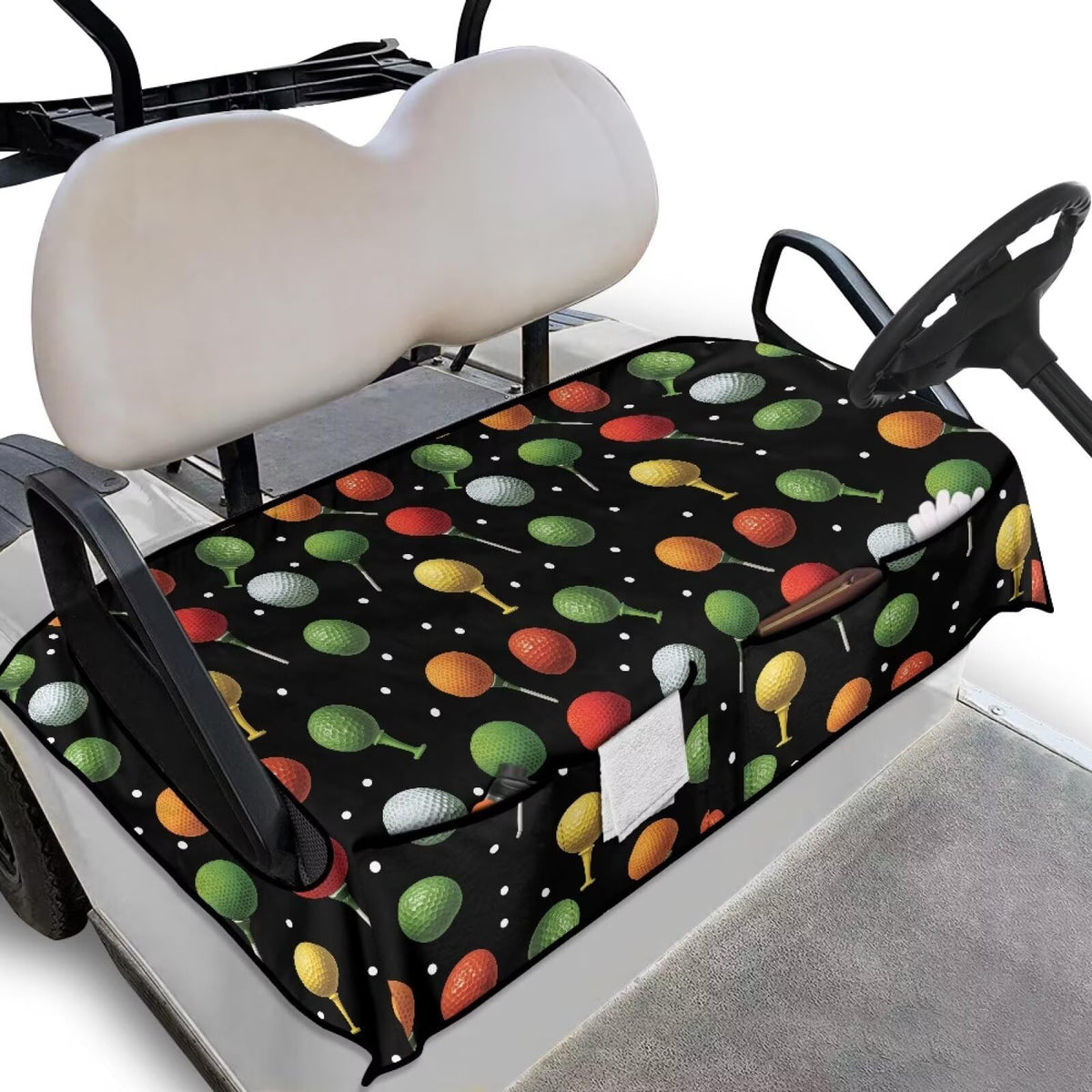 Generic golf cart seat cover with multicolor pattern on front seat for stylish protection.
