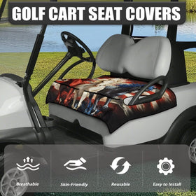 Generic golf cart seat covers showcase the American Flag Horses pattern for stylish rides.