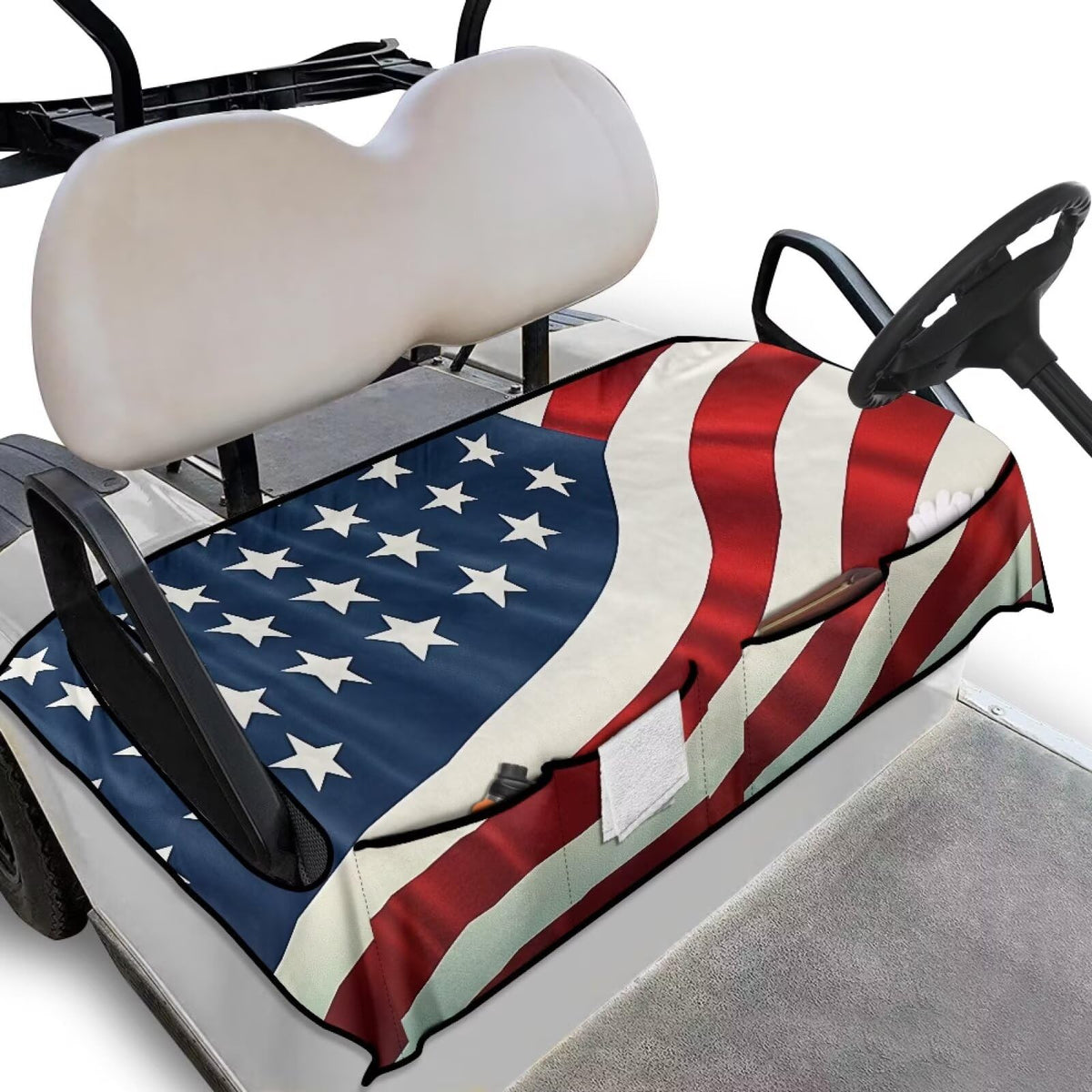 Generic Golf Cart Seat Covers featuring red-white-blue stripe fabric for comfort.