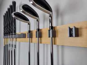 Generic Golf Club Organizer wall mount angle view shows compact, accessible storage.