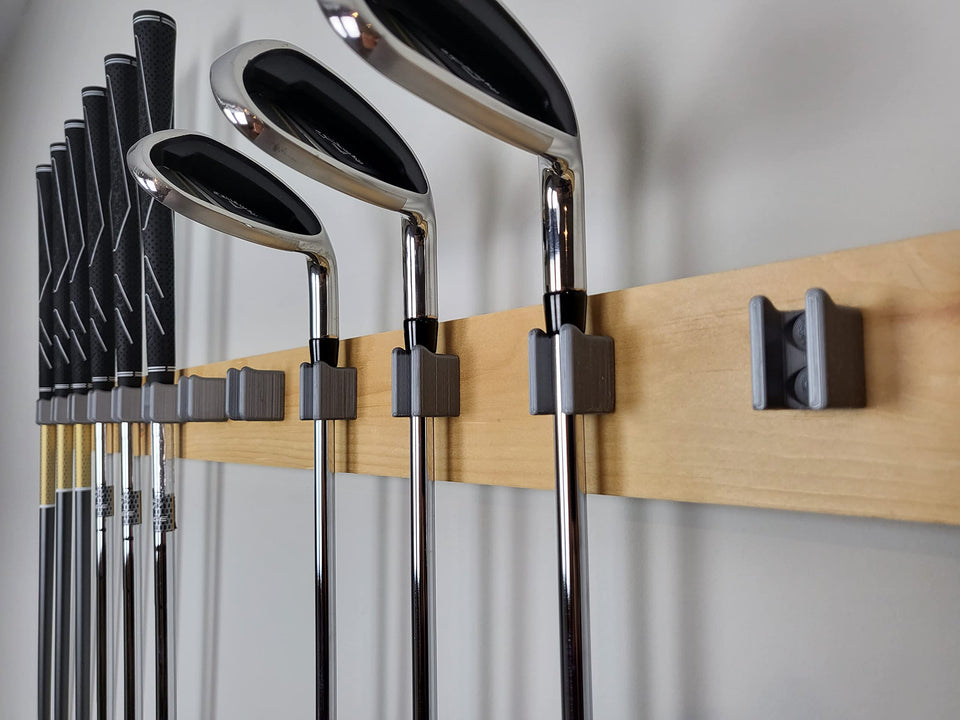 Generic Golf Club Organizer wall mount angle view shows compact, accessible storage.