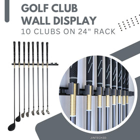 Generic golf club wall display keeps gear neatly arranged and visible.