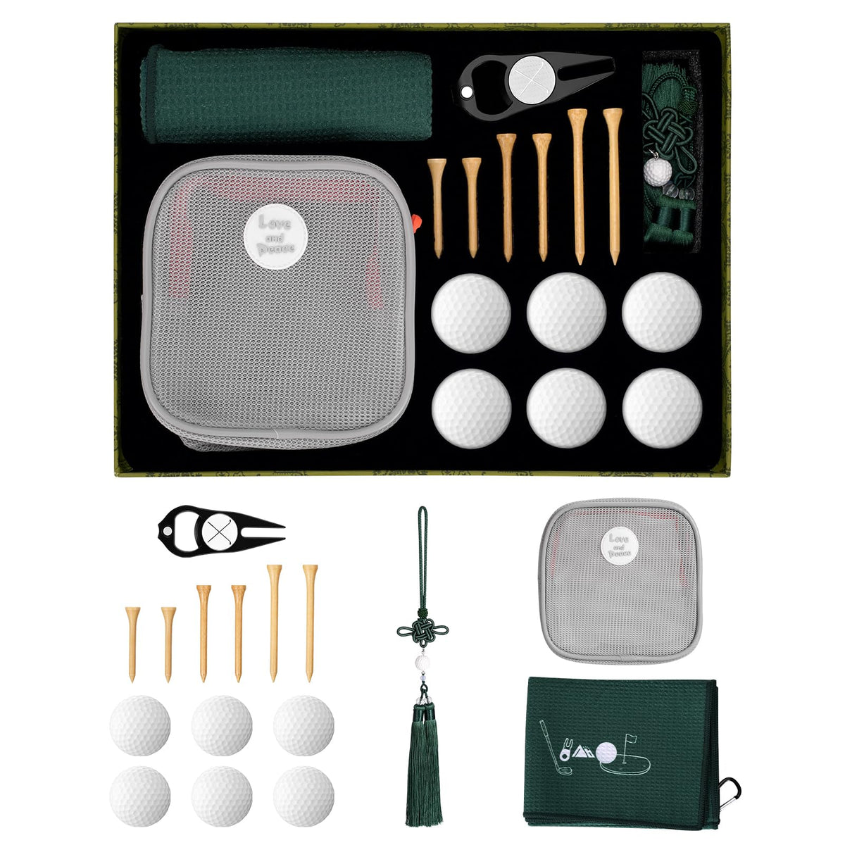 Generic golf gift set with lucky knot charm on organizer bag for easy storage