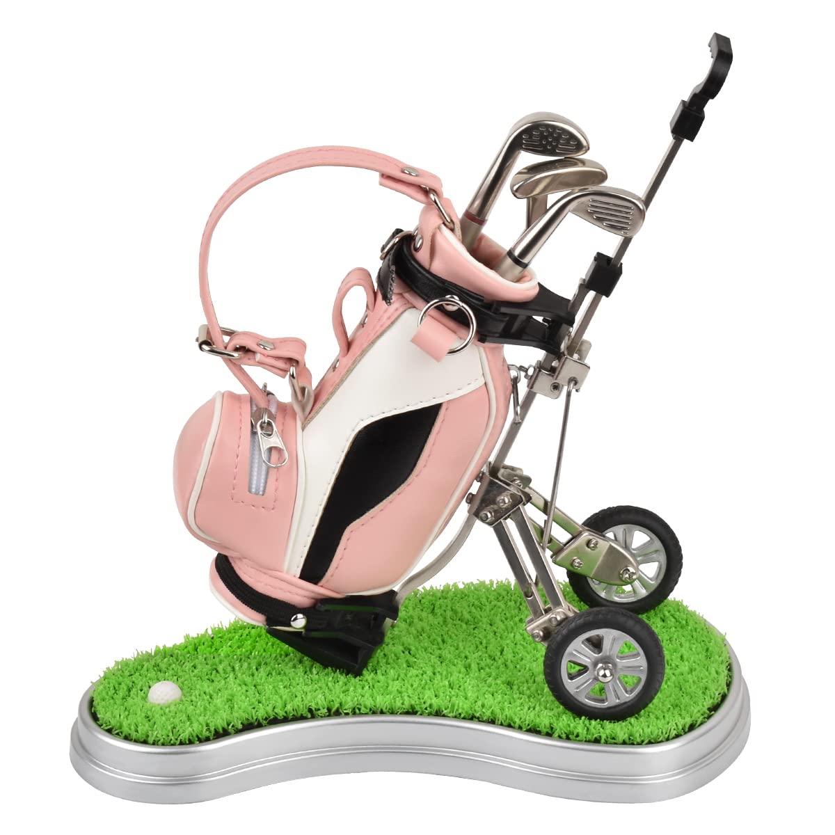 Generic golf pen holder on a workspace with three pens in different colors.