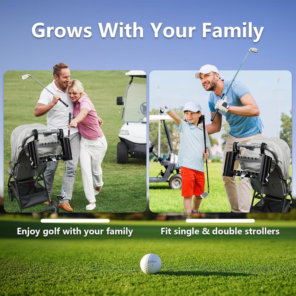 Generic Golf Stroller Attachment installs without tools in seconds