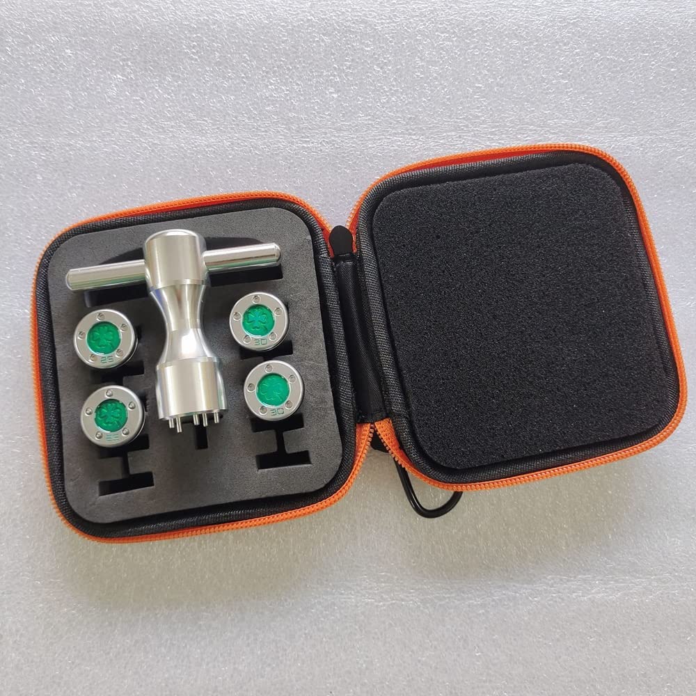 Close-up of 25g and 30g weights with protective O-rings for moisture protection.